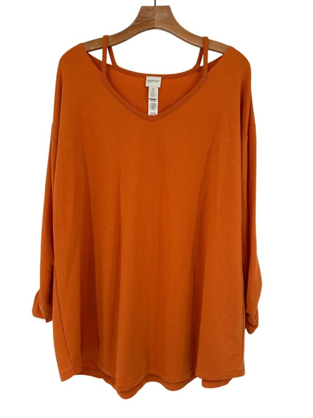 Chicos 4 zenergy Orange 3/4 Sleeve Ruched Top Size 2X plus vneck